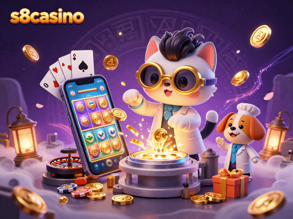 S8casino features a dynamic 3D scene with a mad scientist cat and lab assistant dog creating a gold-coin-replicating machine.