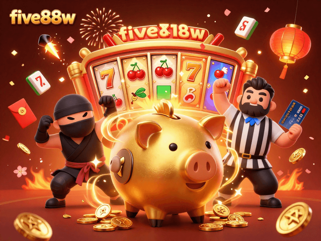 Engage with five88w's dynamic gambling scene featuring vibrant characters and iconic casino symbols.