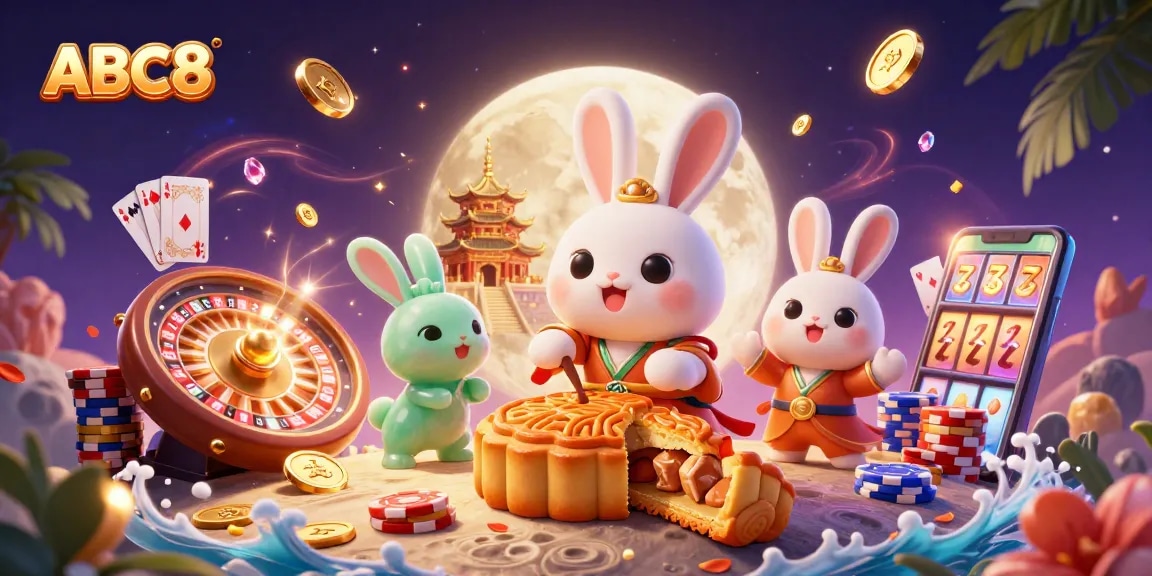 Experience thrilling gaming at ABC8 with vibrant casino elements in a magical illustration.