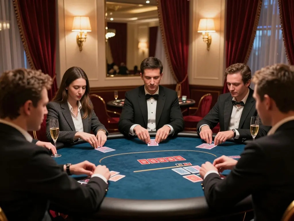 Red 88 high-stakes poker game in an elegant casino with players engaged and champagne visible