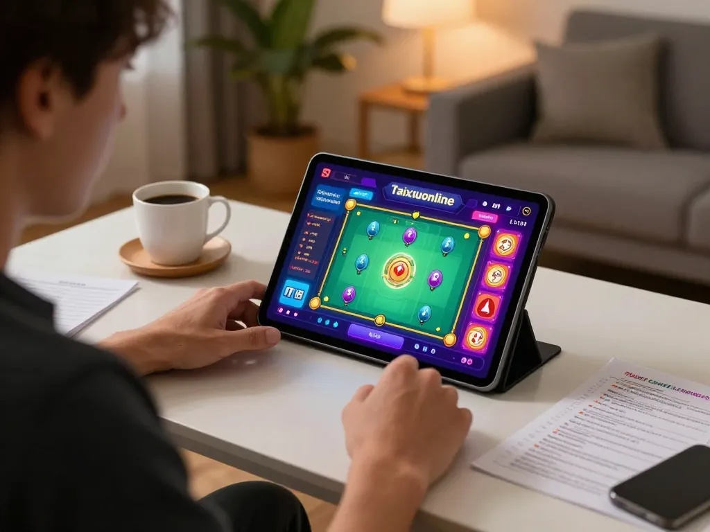 Person playing taixiuonline on a tablet in a cozy home setting, focusing on strategy and enjoyment.
