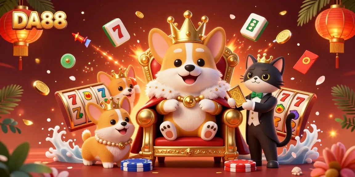 Engage with DA88 in a vibrant casino scene featuring a crowned corgi, cards, and slot reels.