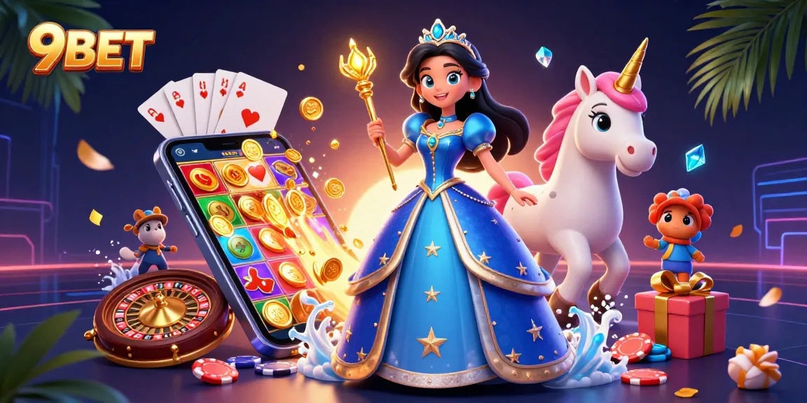 Experience the thrills of 9BET with a vivid 3D casino illustration featuring a glamorous woman and enchanting unicorn.