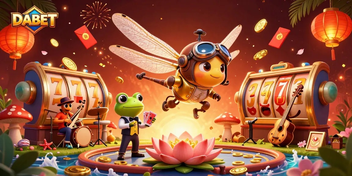 DABET captures a vibrant scene of winning at the casino, featuring a dragonfly pilot, frog dealer, and jazz-playing crickets.