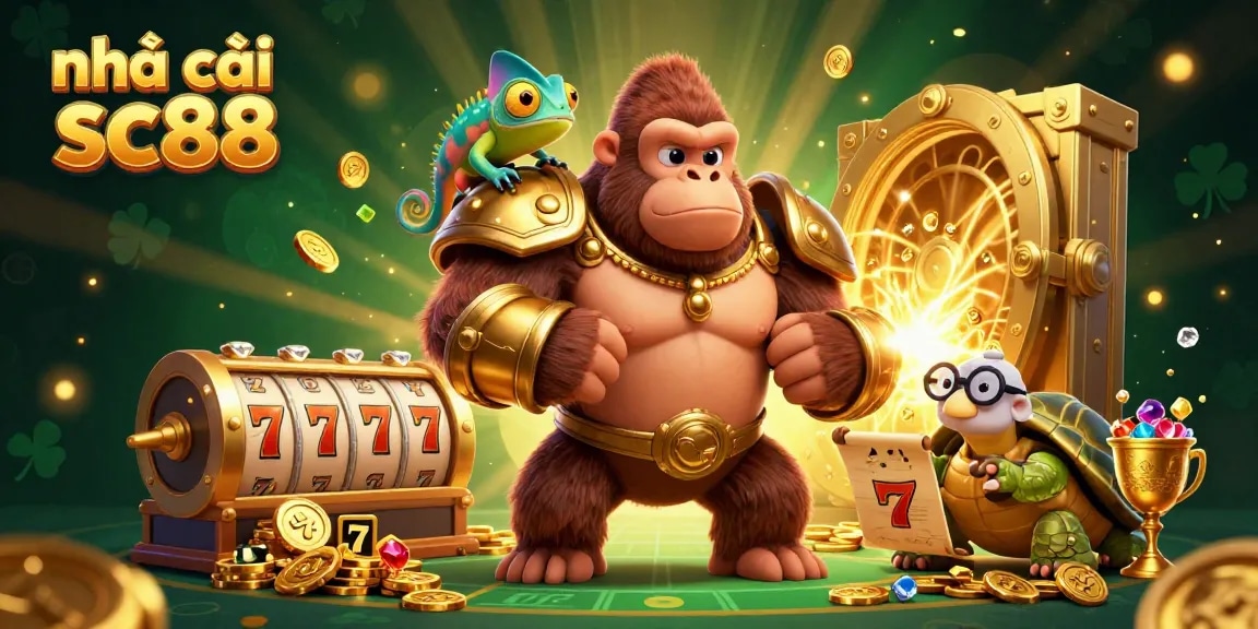 Engage with the nhà cái sc88 powerful casino scene featuring a gorilla king and gems spilling from a treasure vault.