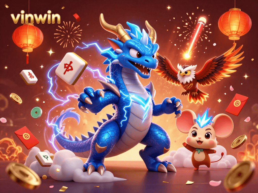 Experience the thrill of vinwin's adventures with dynamic characters and festive gambling elements in this vibrant illustration.