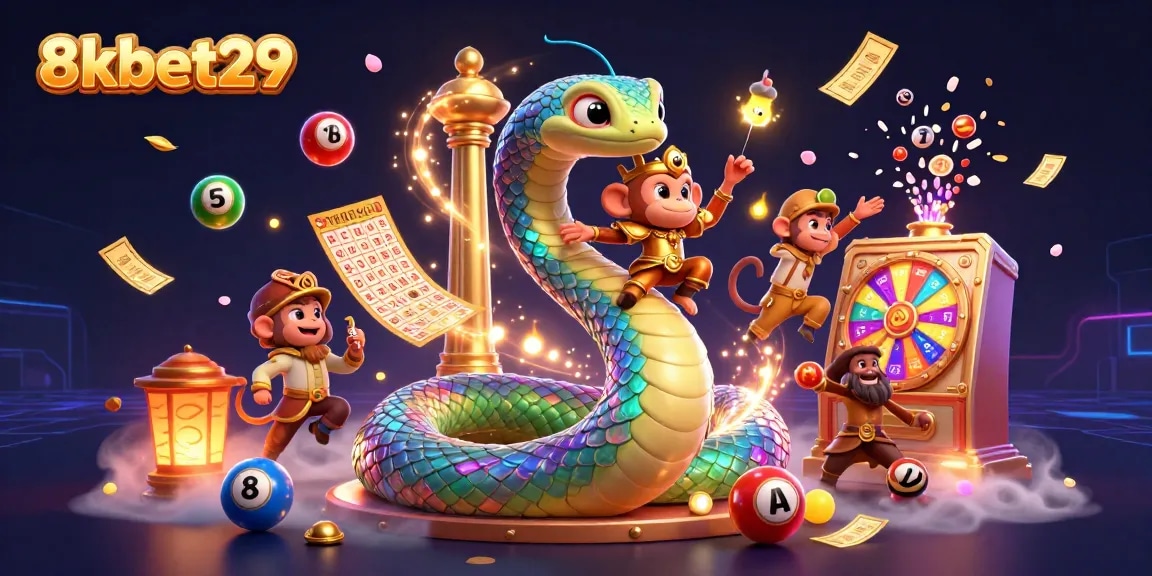 Experience the magic of 8kbet29 with vibrant lottery balls and a playful monkey king in a dynamic casino scene.