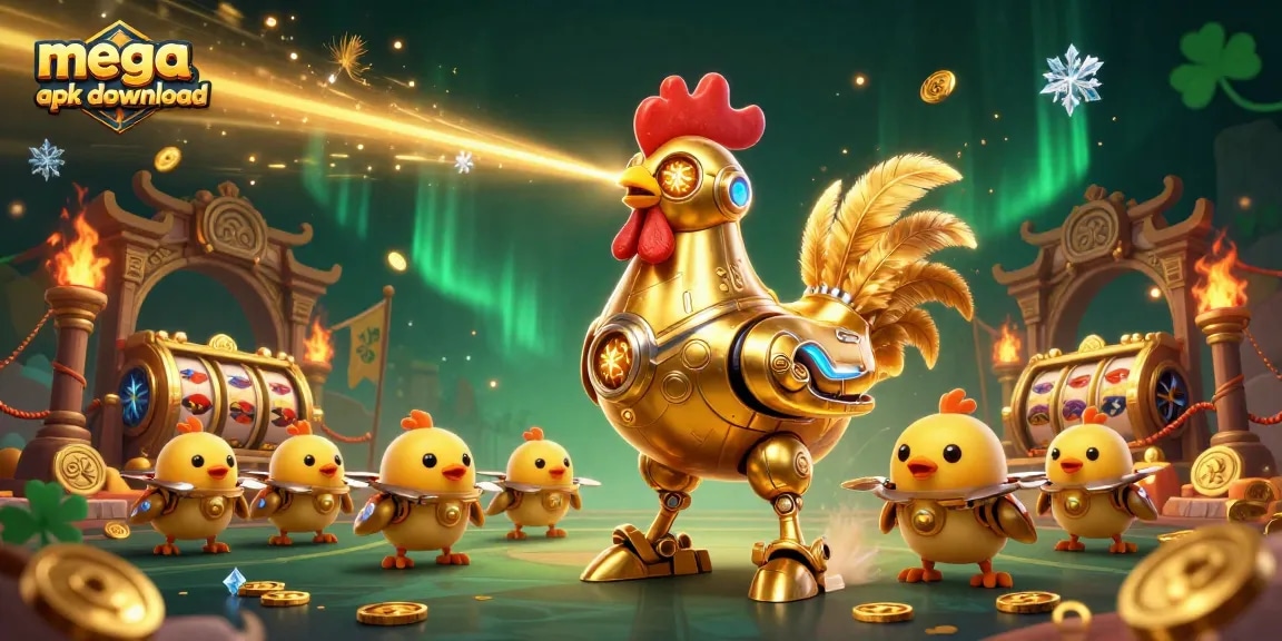 Experience thrilling gameplay with mega apk download in a vibrant 3D casino scene featuring the golden rooster robot.