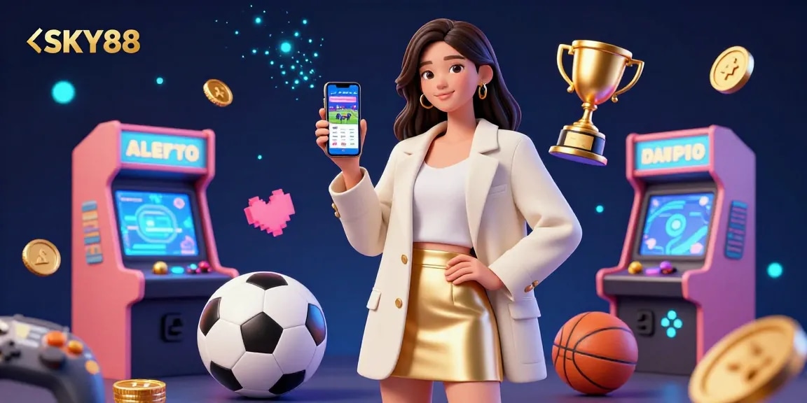Place your bets with SKY88 using a dynamic sports betting app showcased by a lively Asian woman.