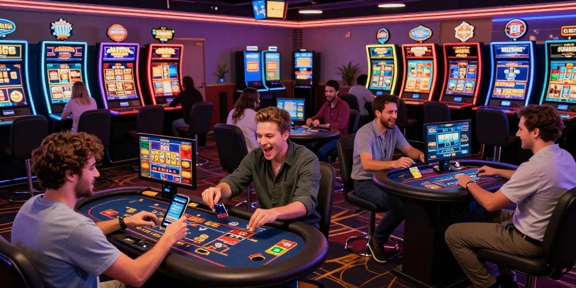 Spieler genießen Spiele in einem Paysafe Card Casino, das sichere Einzahlungen und eine lebendige Atmosphäre hervorhebt.