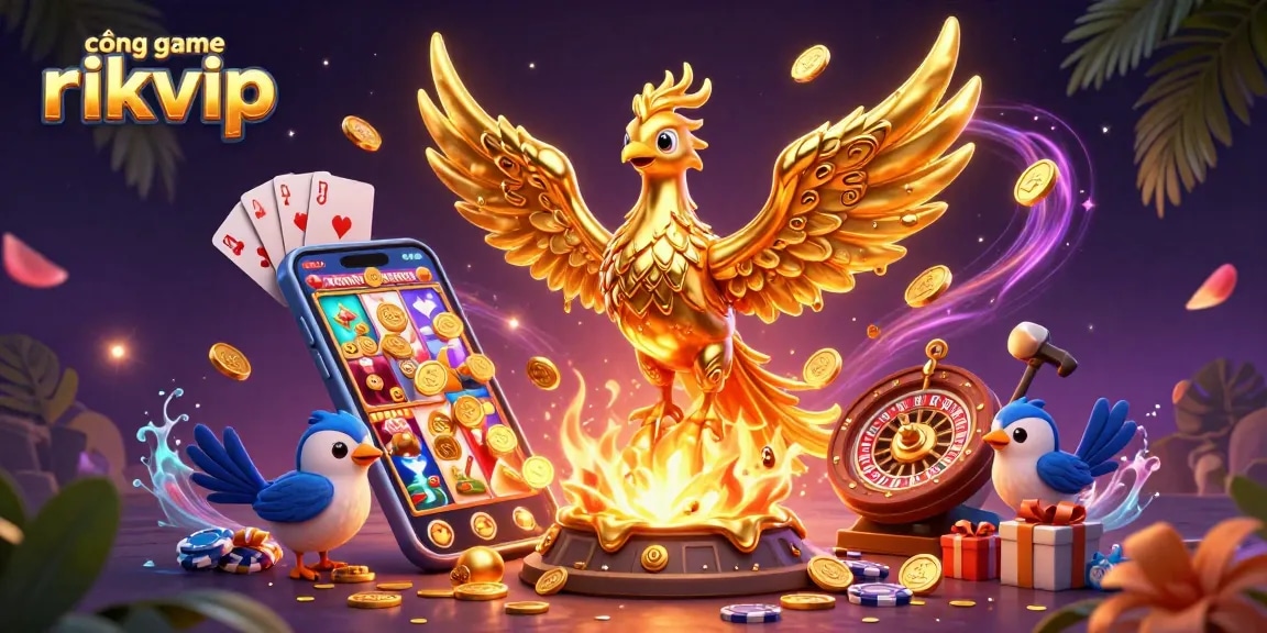 Experience thrilling gameplay with cổng game rikvip while a molten golden phoenix rises amidst vibrant casino elements.