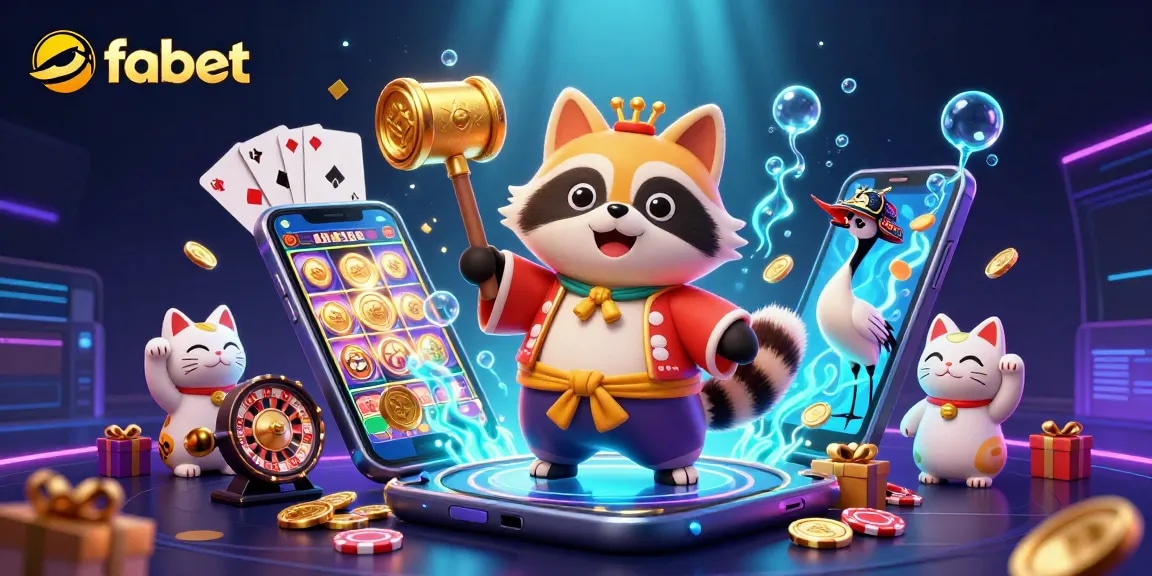 Engage in thrilling slot action with fabet featuring a cheerful tanuki and maneki-neko amidst a vibrant casino scene.
