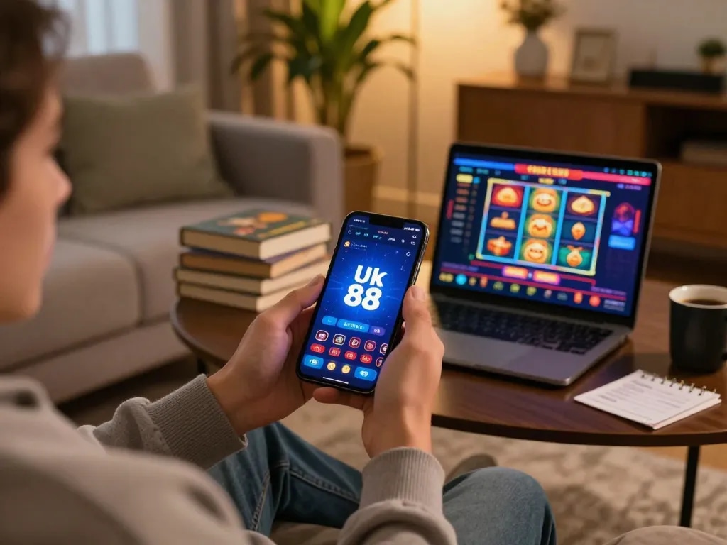 Engaging in online casino gaming on the Uk 88 app with an inviting home atmosphere.