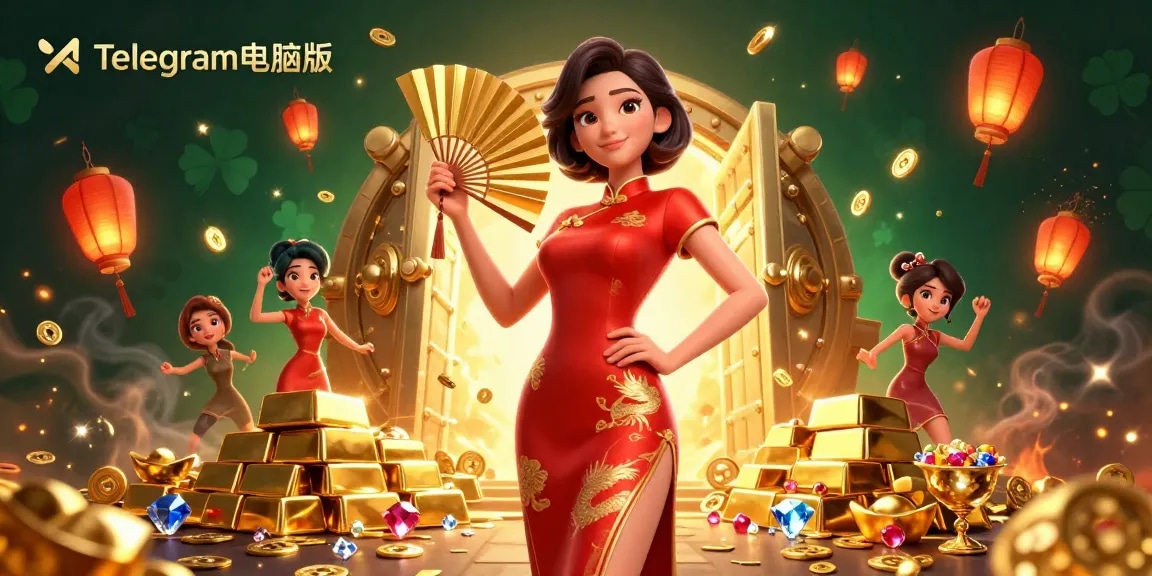 沉浸在Telegram电脑版令人兴奋的游戏氛围中，周围是生动的金币和奢华的装饰。