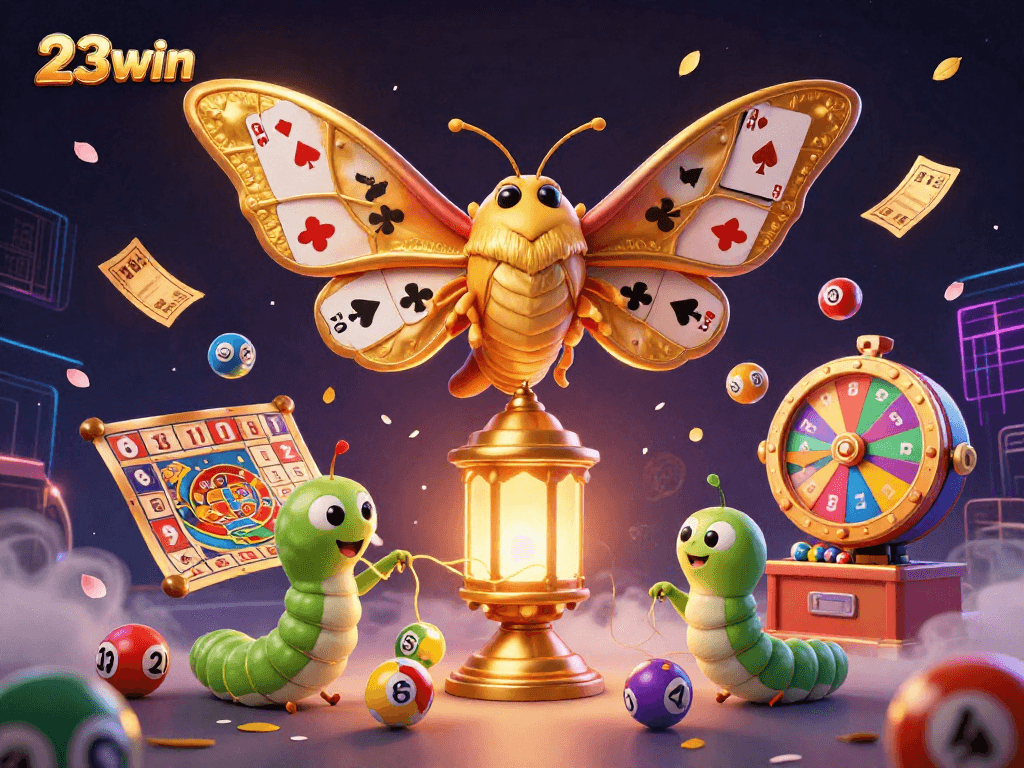 Experience the excitement of 23win with a vibrant 3D digital illustration of a casino-themed scene.