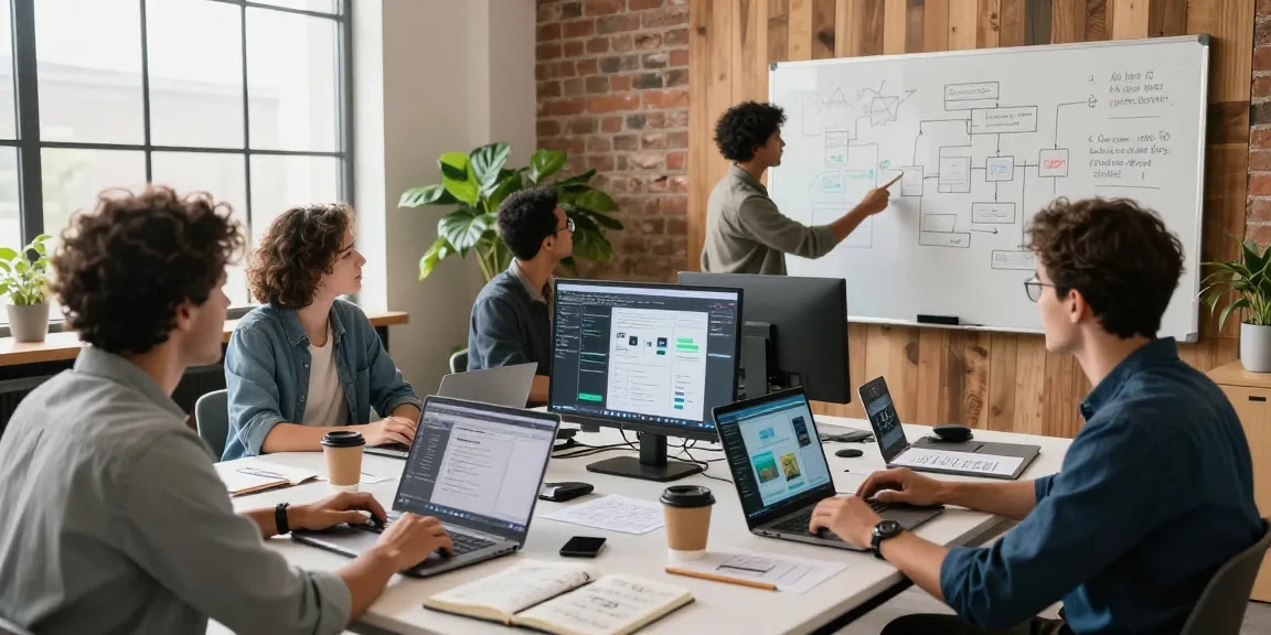 Build internal tools with AI by collaborating in a tech-savvy workspace, showcasing teamwork and coding innovation.