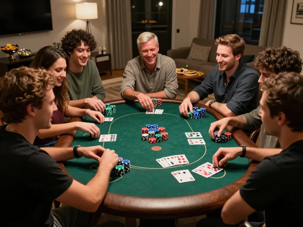 Players enjoying a friendly poker game at home, showcasing KK55's gaming strategies and social interactions