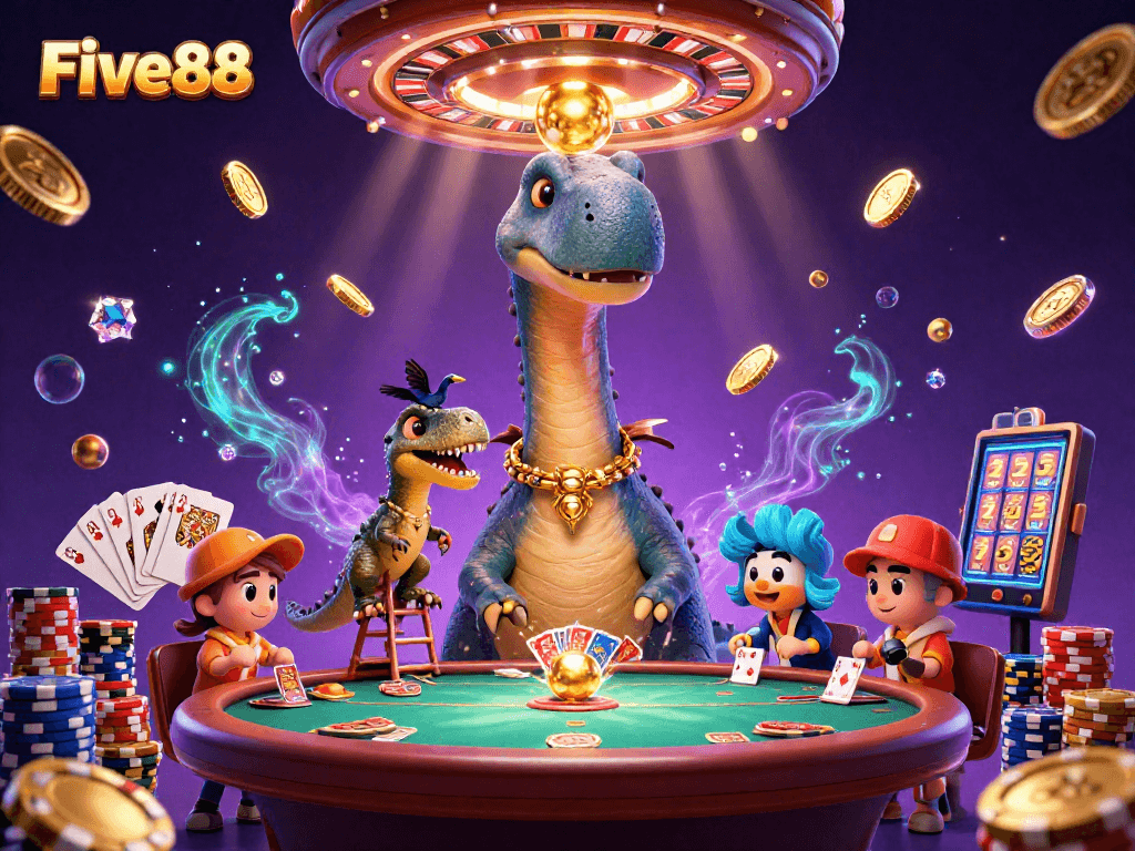 Experience thrilling games at Five88 with a giant dinosaur dealer, vibrant casino elements, and dynamic energy.