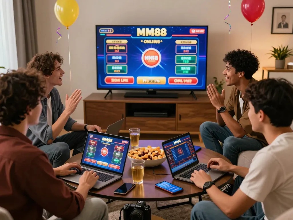 Friends enjoying a lively MM88 online casino game night in a cozy living room setting.