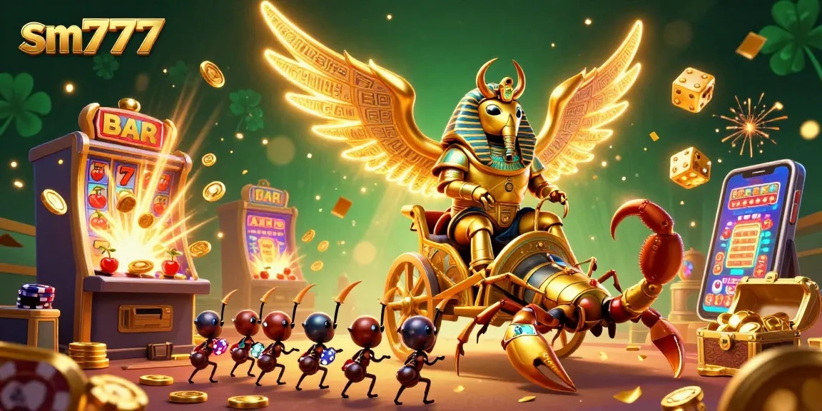 A captivating illustration of the sm777 online casino featuring a golden scarab beetle and jackpot symbols, showcasing vibrant casino excitement.