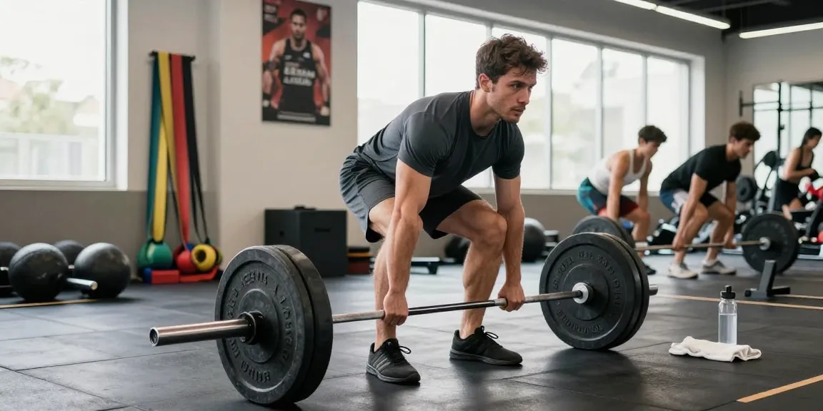 Prime Pharma Steroids: Atleet tilt gewichten op een moderne sportschoolvloer, met apparatuur en natuurlijke verlichting voor maximale focus.