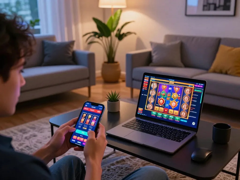 Player using SC88 mobile app for online gambling in a cozy living room, engaged in betting activities