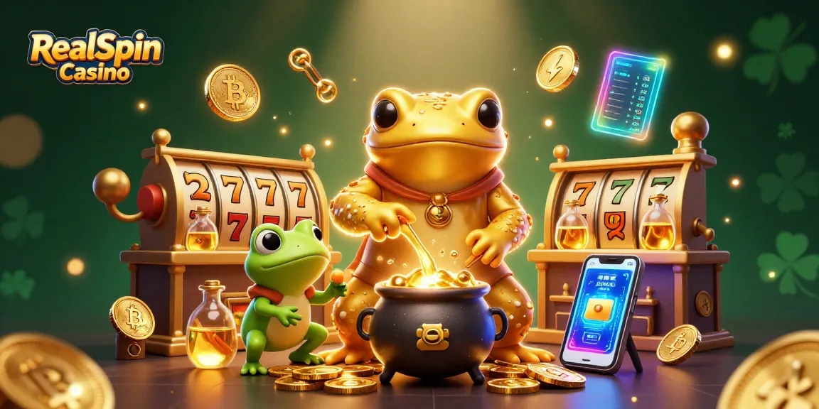 Engage with thrilling gameplay at RealSpin Casino's fantastical 3D illustration featuring gold and crypto elements.