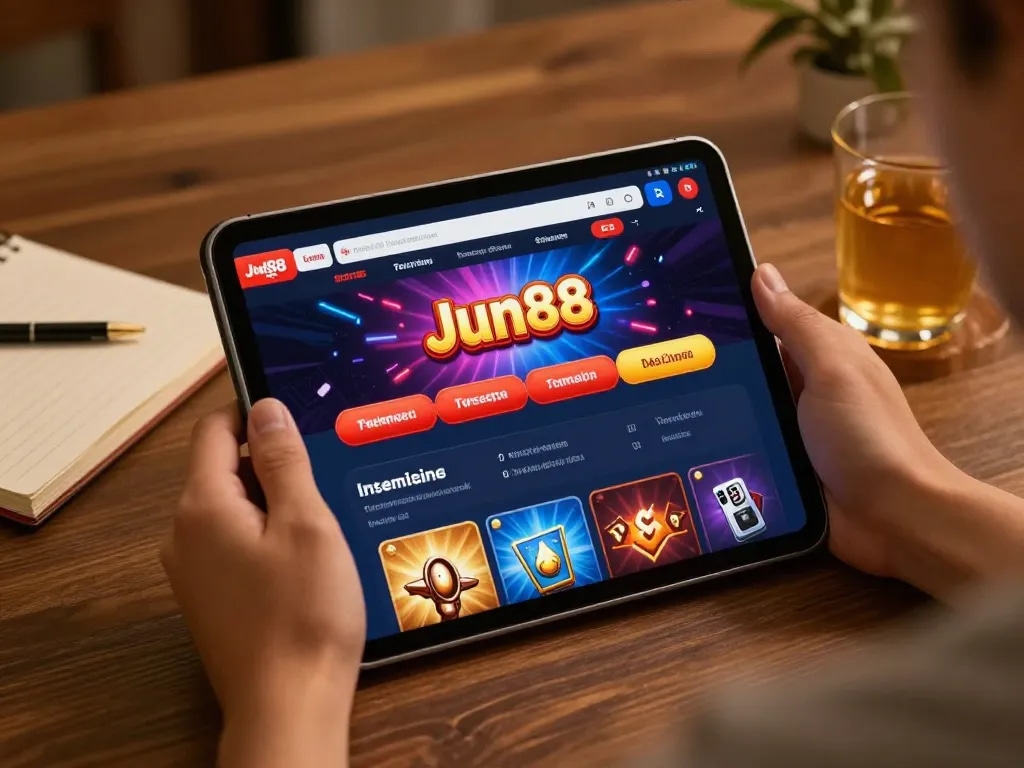 Engaging gameplay with Jun88 Official app on tablet, user immersed in online casino experience.