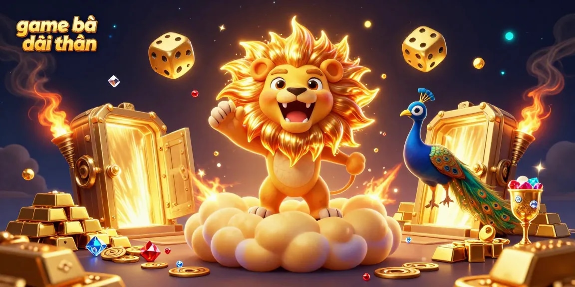 Experience game bài đổi thưởng with a majestic sun lion and golden treasures in a vibrant casino scene.