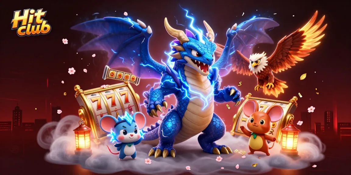 Hit club showcases thrilling slot games with electrifying characters and vibrant casino elements in a dynamic scene.