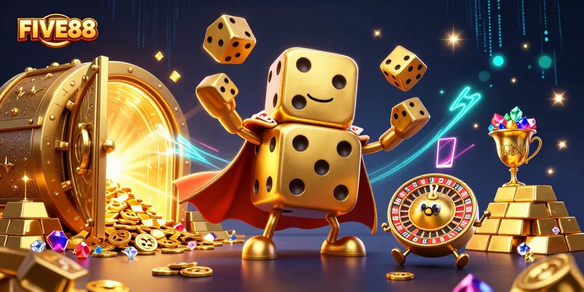 Experience thrilling wins with FIVE88's vibrant gaming scene filled with dice, treasures, and casino excitement.