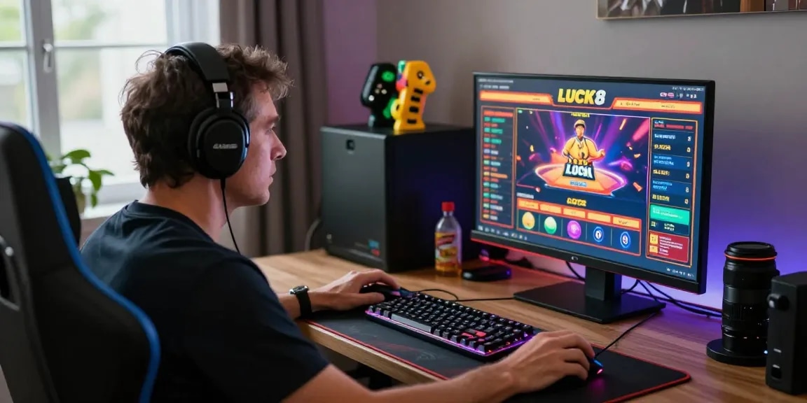 LUCK8 online gambling scene with a player engaged in gaming on a computer in a vibrant setting