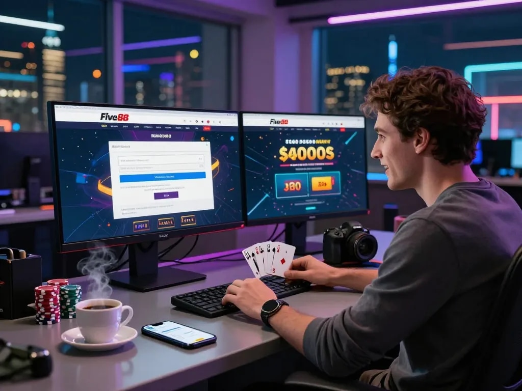 Excited user registering on Five88 online gaming platform, showcasing vibrant neon lights and gaming props.
