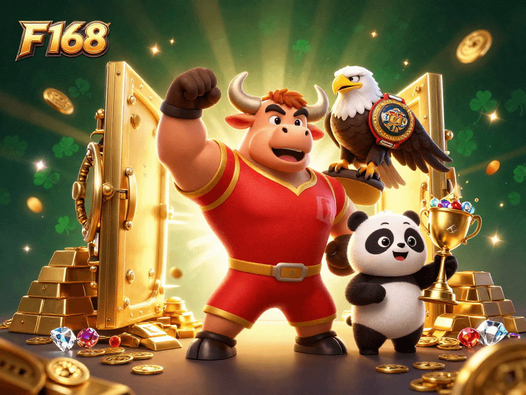 F 168 showcases an exciting 3D casino celebration with characters and treasure elements, enhancing the gaming experience.