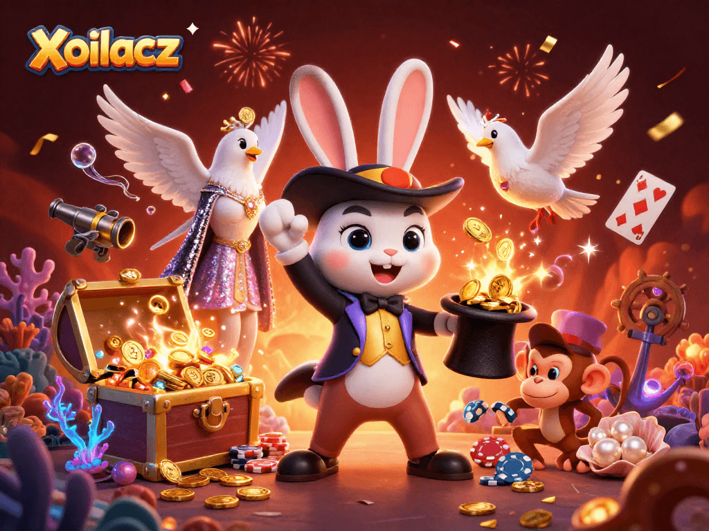Xoilacz brings excitement with a cartoon rabbit magician pulling coins and a mischievous monkey stealing poker chips amidst dynamic gaming elements.