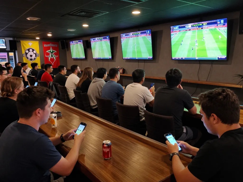 xem bóng đá Socolive with excited fans engaging in sports betting at a vibrant sports bar