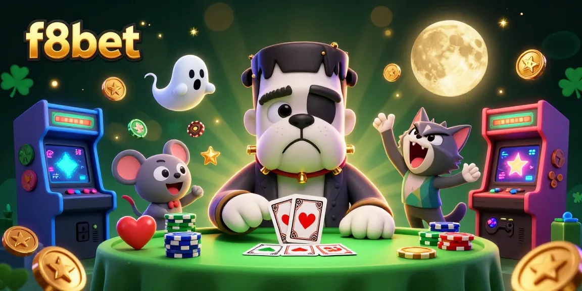 Engage in thrilling card games at f8bet, featuring a cartoon bulldog dealer and unique casino elements.