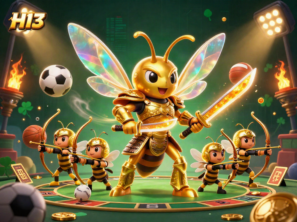 Bet on H13 with a vibrant 3D depiction of a golden hornet in a casino-style setting filled with sports elements.