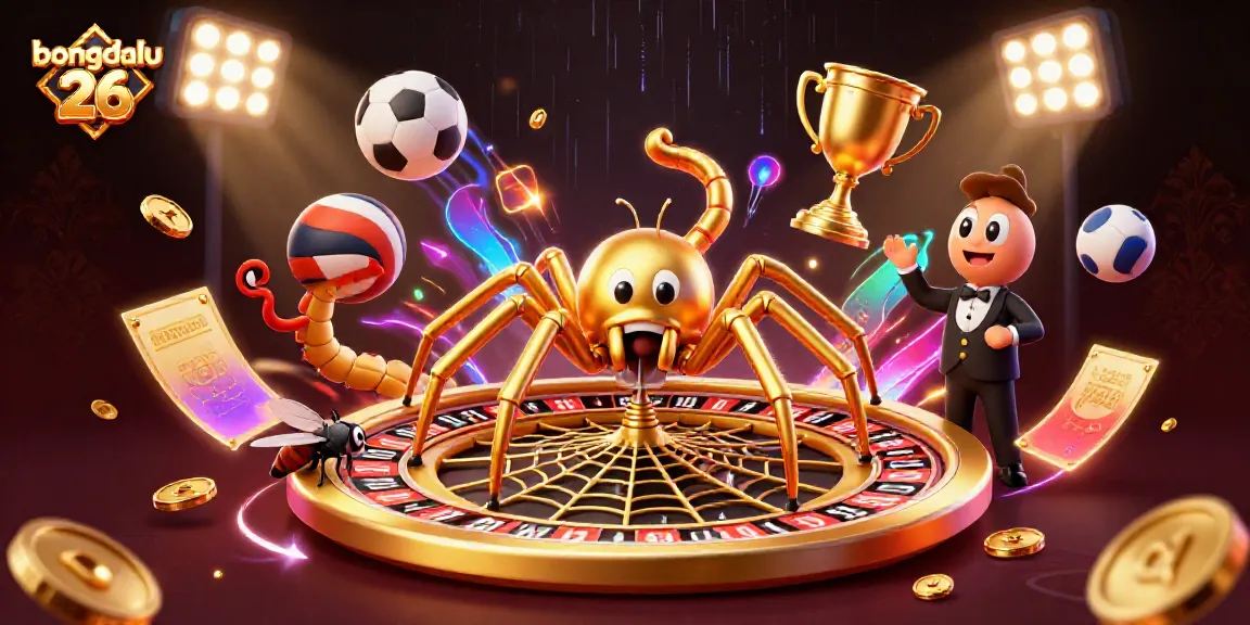 Experience thrilling sports betting action with bongdalu 26 as a golden spider crafts a roulette web surrounded by dynamic sports elements.