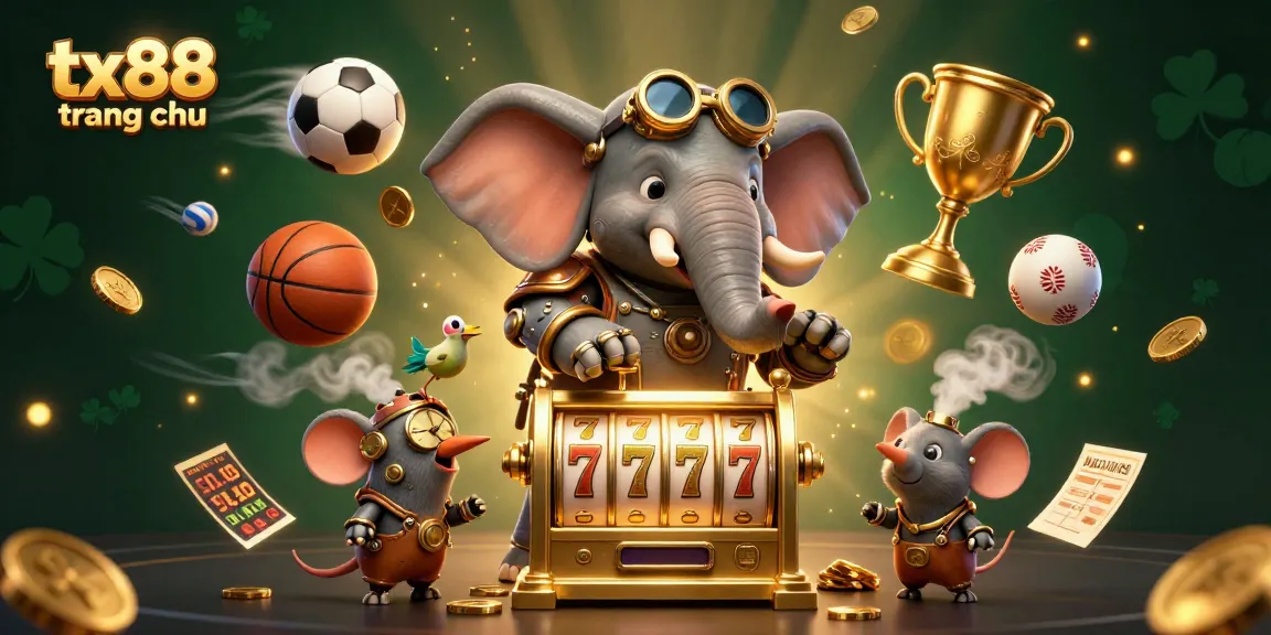 Experience gaming excitement at tx88 trang chủ with a vibrant steampunk elephant operating a golden slot machine amidst dynamic sports elements.