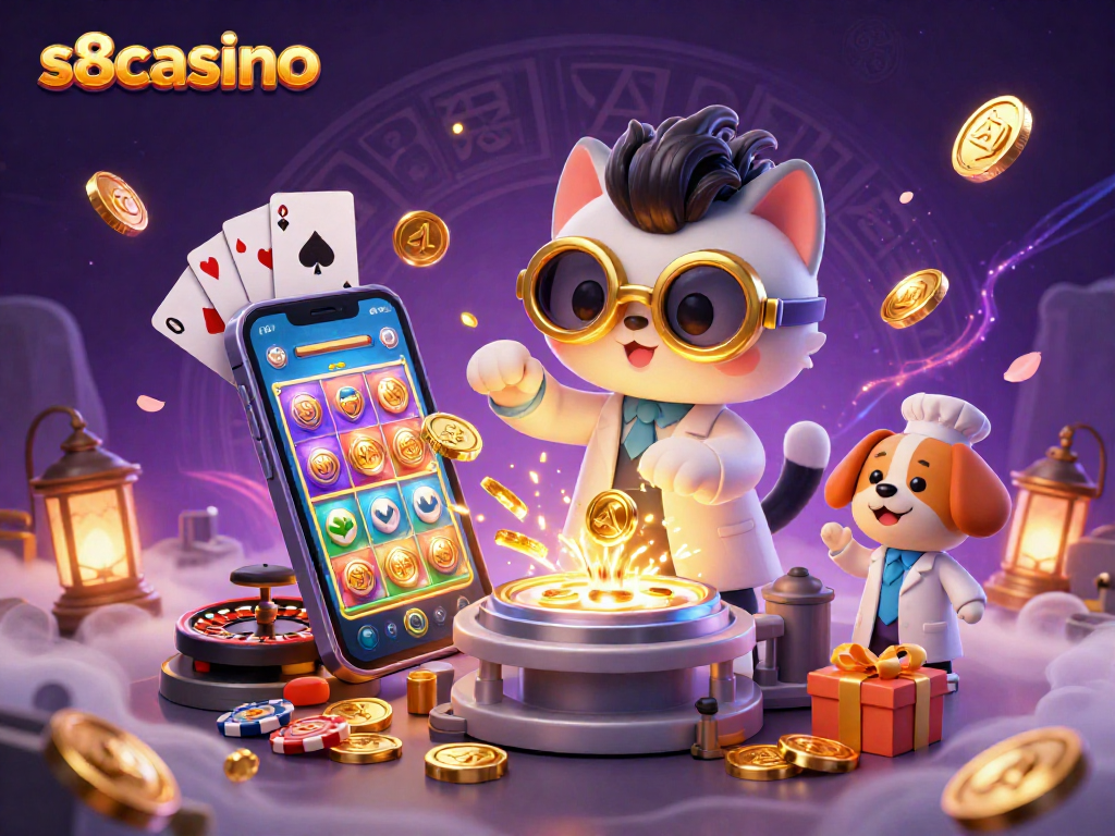 S8casino features a dynamic 3D scene with a mad scientist cat and lab assistant dog creating a gold-coin-replicating machine.