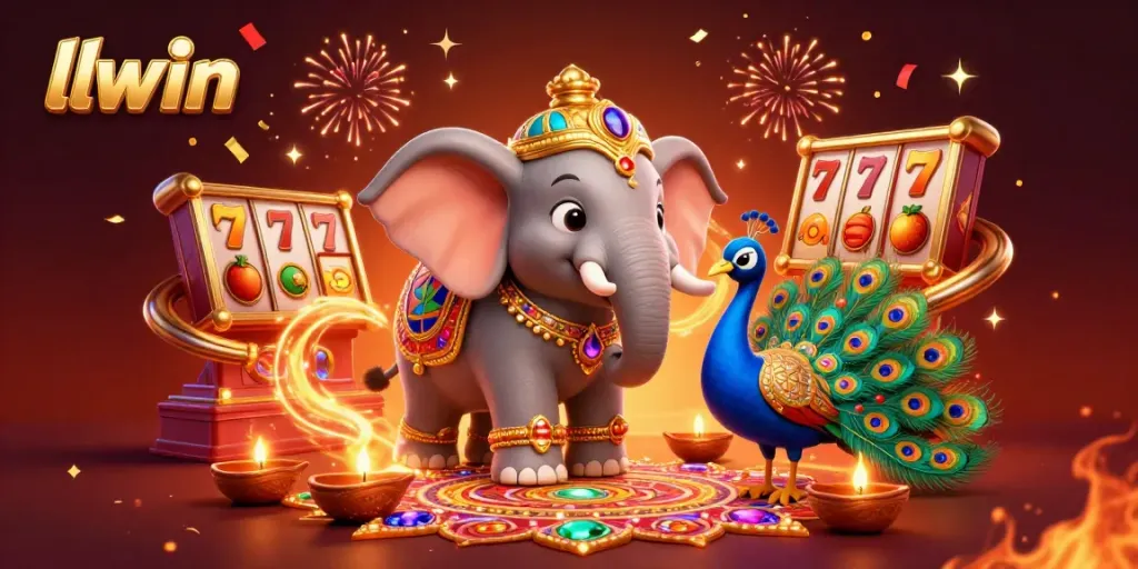 Engage with llwin slots in a vibrant, dynamic scene featuring an elephant and peacock with festive elements.