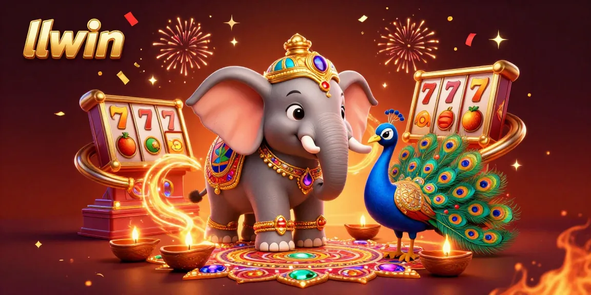 Engage with llwin slots in a vibrant, dynamic scene featuring an elephant and peacock with festive elements.