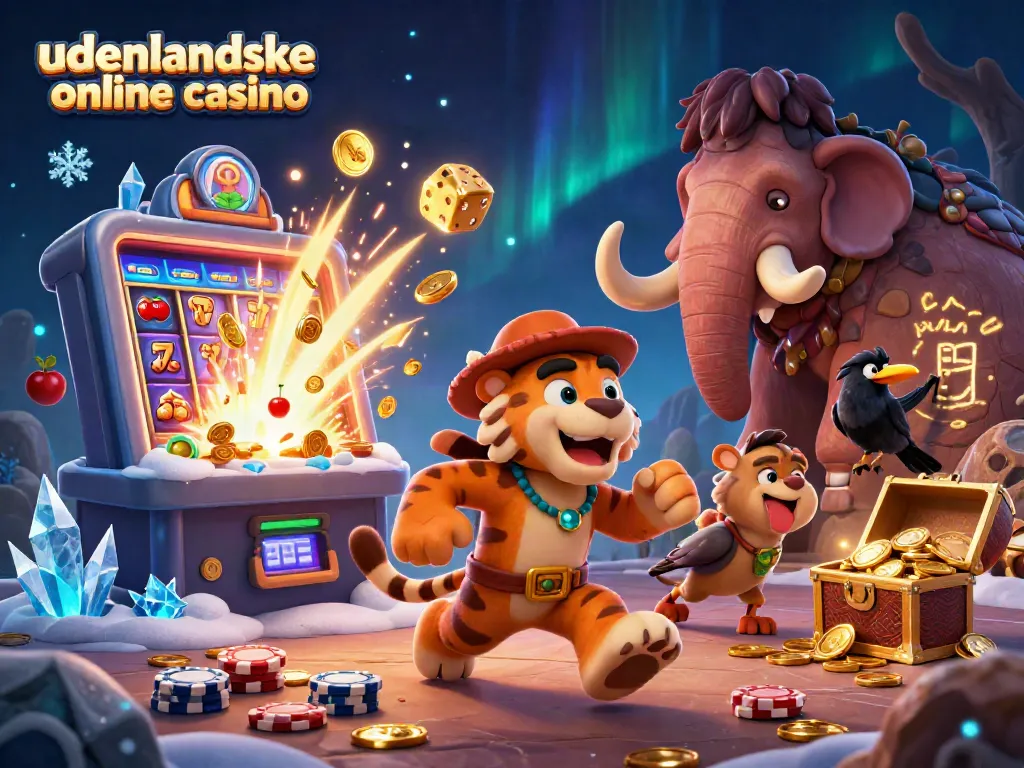 Engage with the udenlandske online casino experience through a vibrant 3D illustration featuring a caveman duo, captivating jackpots, and iconic game symbols.