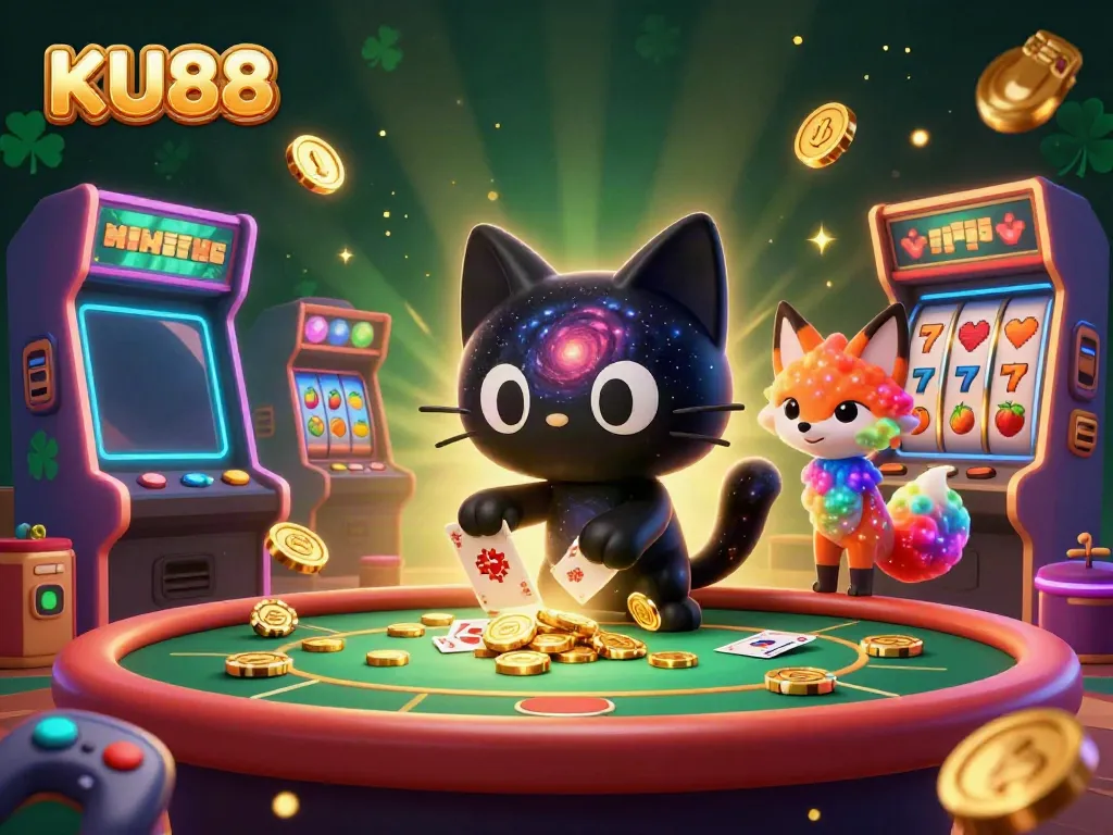 Experience the thrilling world of KU88 as a cosmic black hole cat pulls in golden chips and cards at a vibrant casino table.