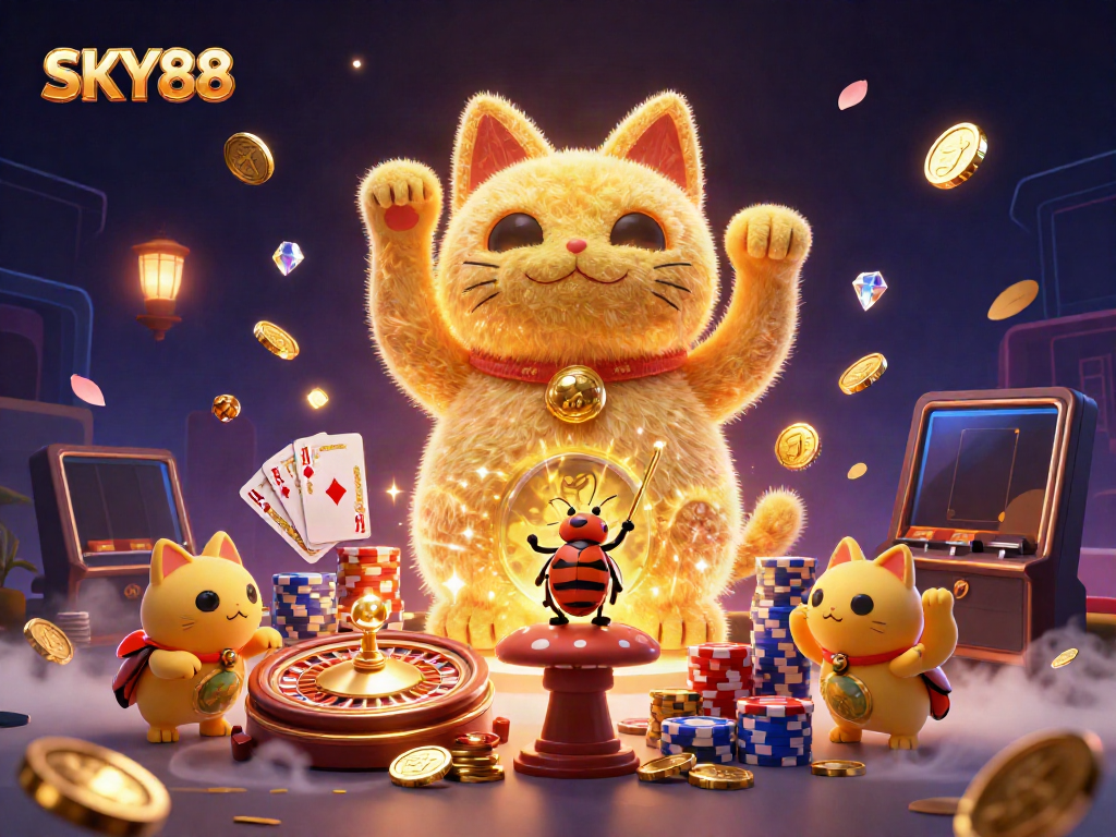 Experience the excitement of SKY88 with a vibrant 3D illustration featuring a lucky cat and neon casino symbols.