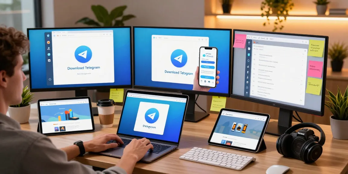 Download Telegram on a laptop in a modern workspace with vibrant tech elements and app interface displayed.