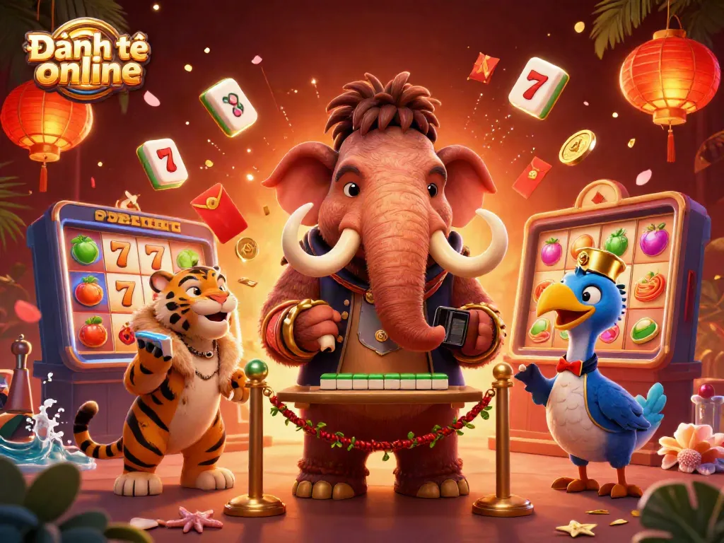 Engage in Đánh đề online with vibrant characters featuring a woolly mammoth checking IDs and VIP guests.