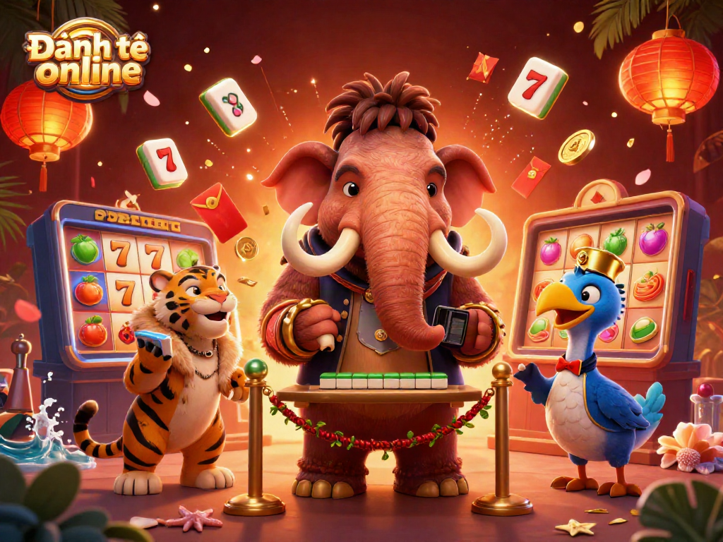 Engage in Đánh đề online with vibrant characters featuring a woolly mammoth checking IDs and VIP guests.