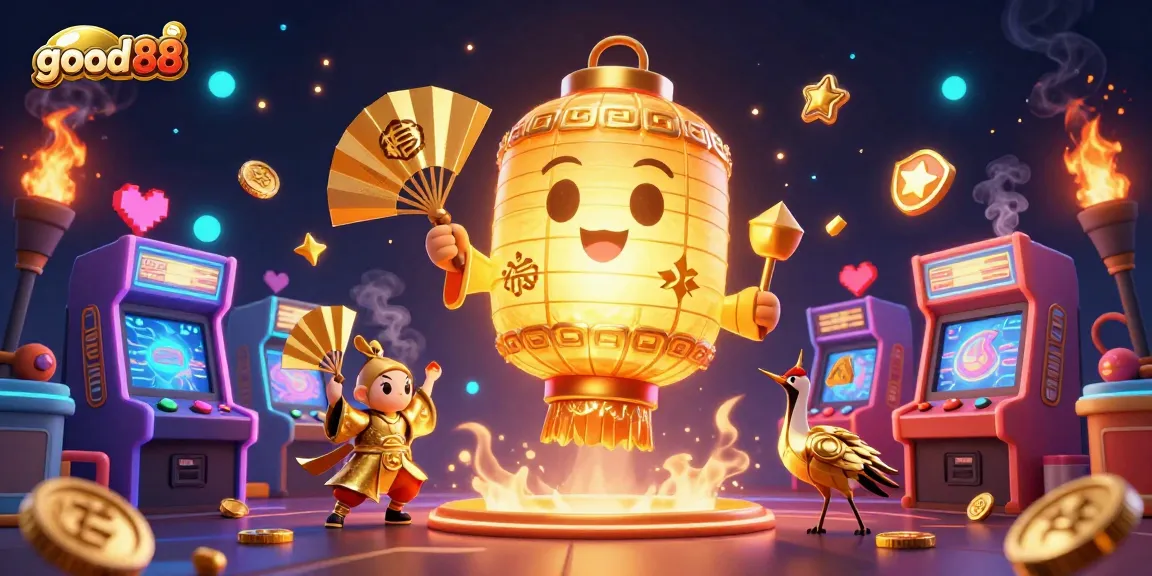 Experience gaming thrills with good88 in a vibrant casino scene filled with glowing characters and arcade elements.
